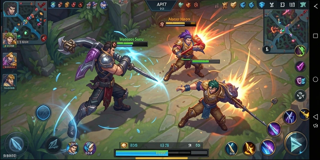 Tangkapan layar permainan API77 yang menunjukkan aksi MOBA yang menegangkan.