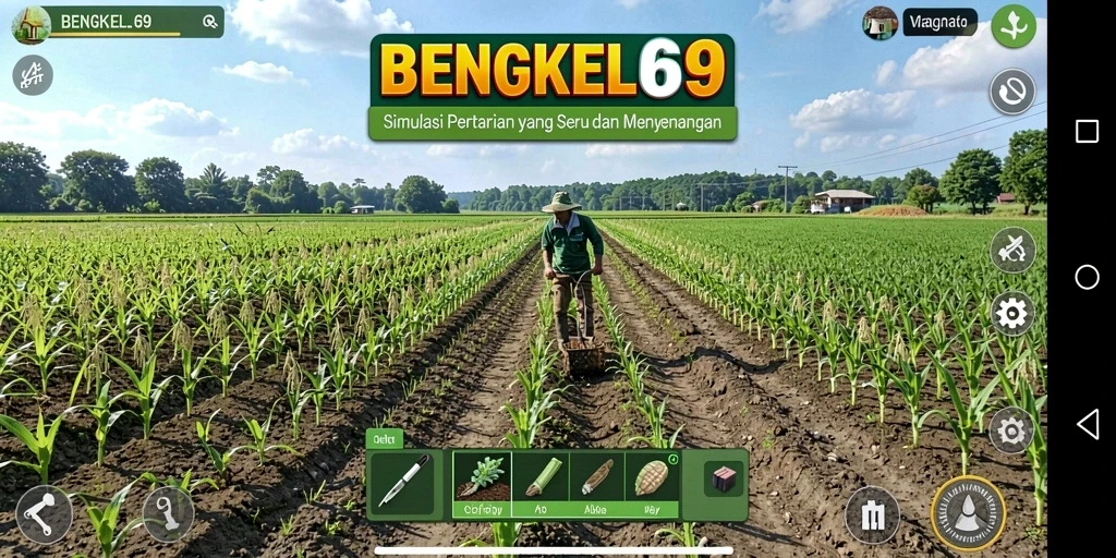 Tangkapan layar gameplay BENGKEL69 yang menunjukkan aktivitas bertani.
