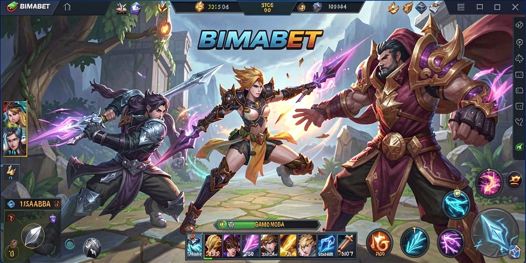 Screenshot utama BIMABET menampilkan aksi intens dalam pertempuran MOBA.