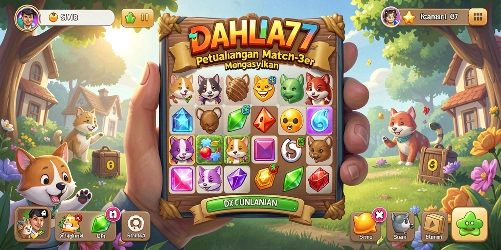 Screenshot gameplay DAHLIA77 menampilkan aksi Match-3 yang seru.