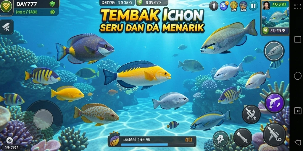 Screenshot menunjukkan aksi menembak ikan di game DAY777.
