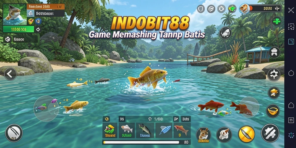 Tampilan gameplay memancing seru dalam INDOBIT88 yang menampilkan aksi menangkap ikan.