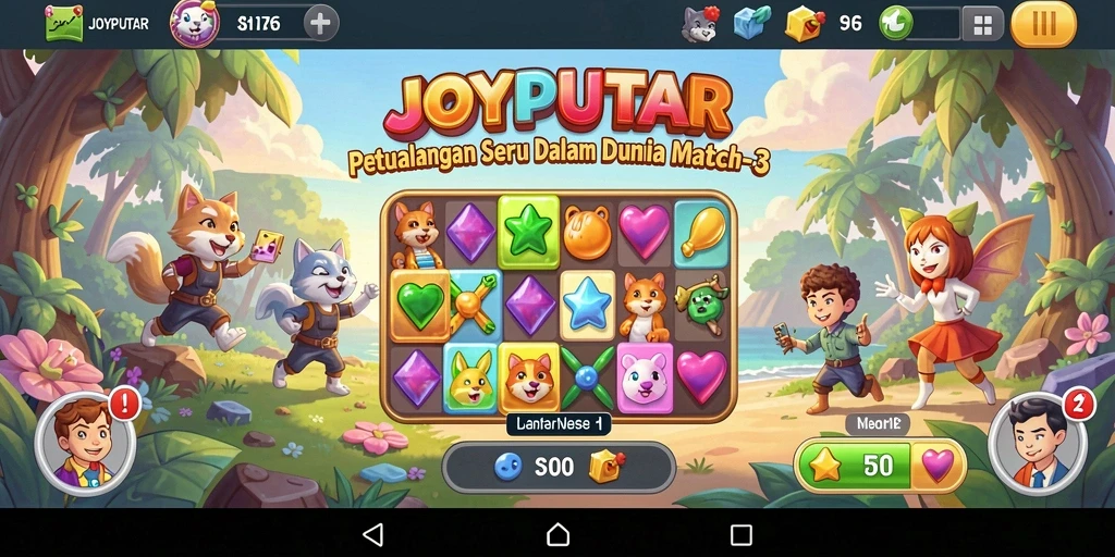 Screenshot gameplay <strong>JOYPUTAR</strong> menampilkan level yang penuh warna dan tantangan Match-3.