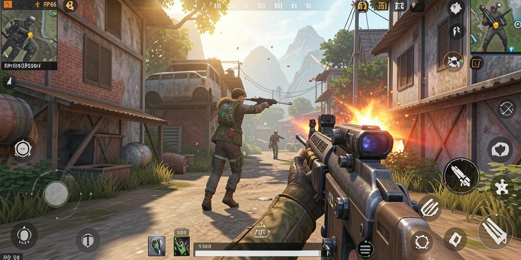 Tangkapan layar menunjukkan aksi gameplay seru RP66 di arena pertempuran.