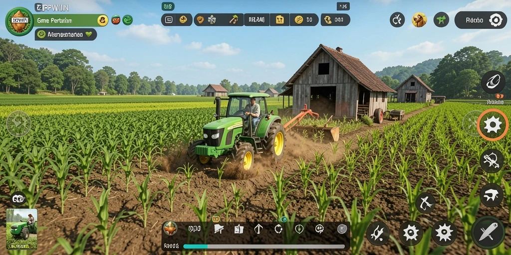 Screenshot gameplay <strong>RPWIN</strong> yang menampilkan pertanian yang cerah dan interaktif.